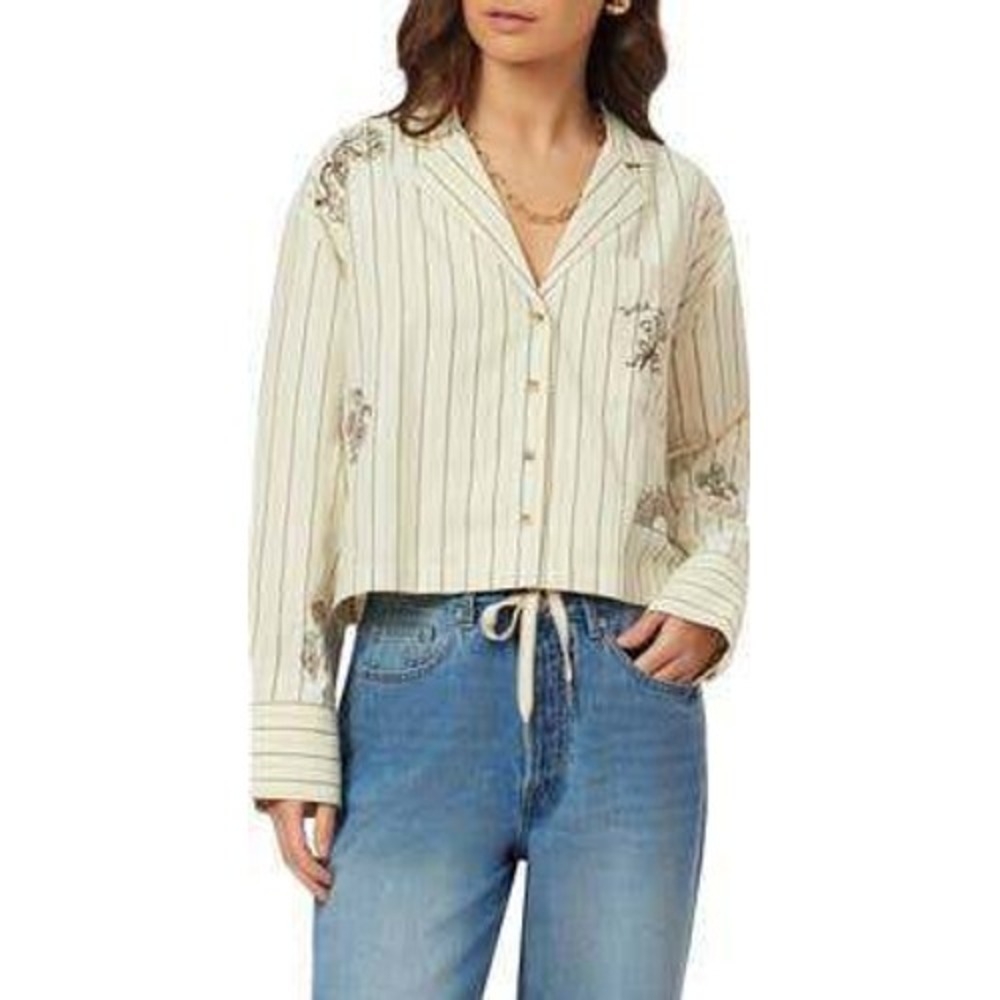 NWT Scotch & Soda Notch Lapel Button Up Tan/Brown Striped Embroidered Top XL